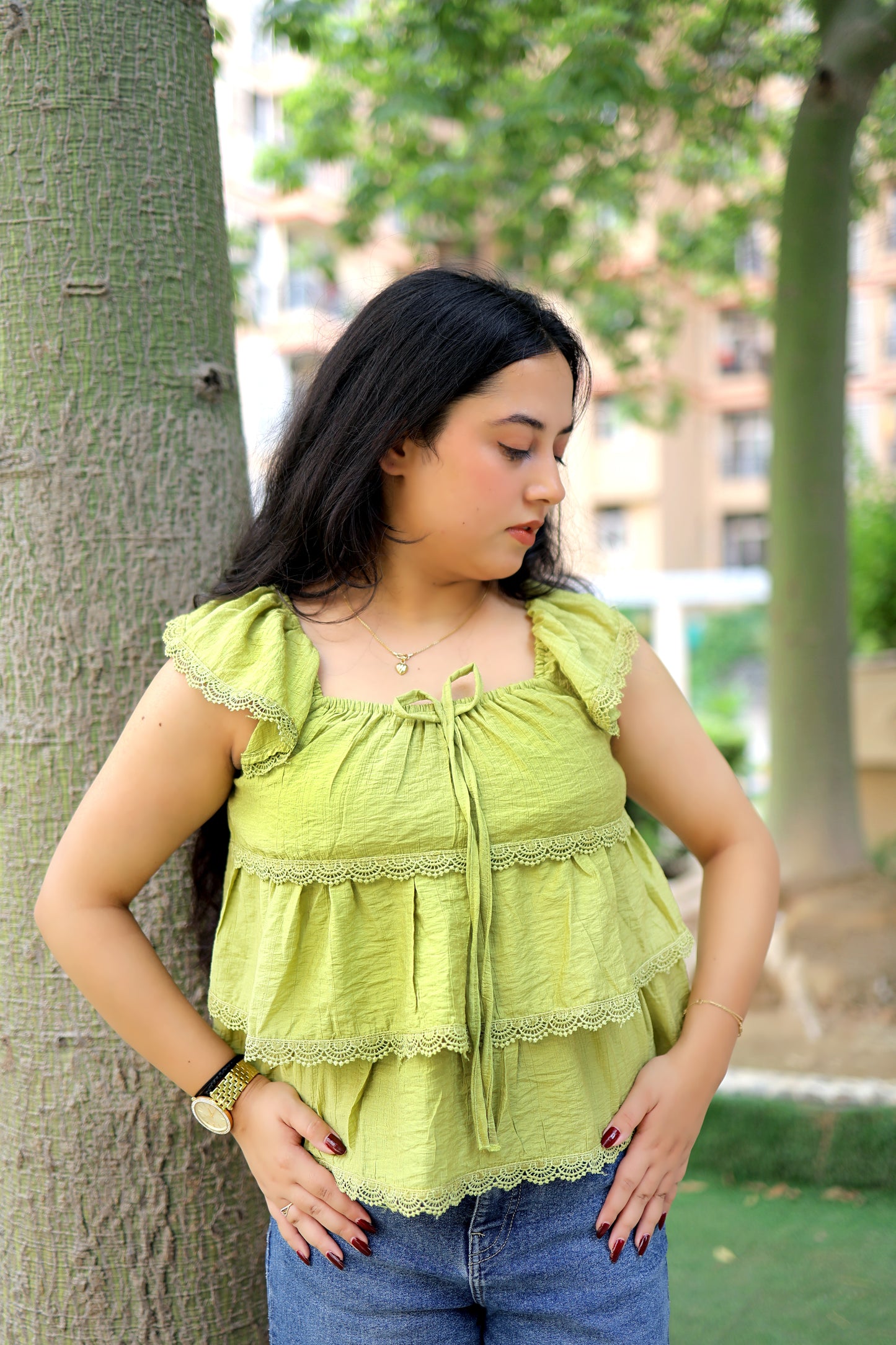 Lace Trim Ruffle Top