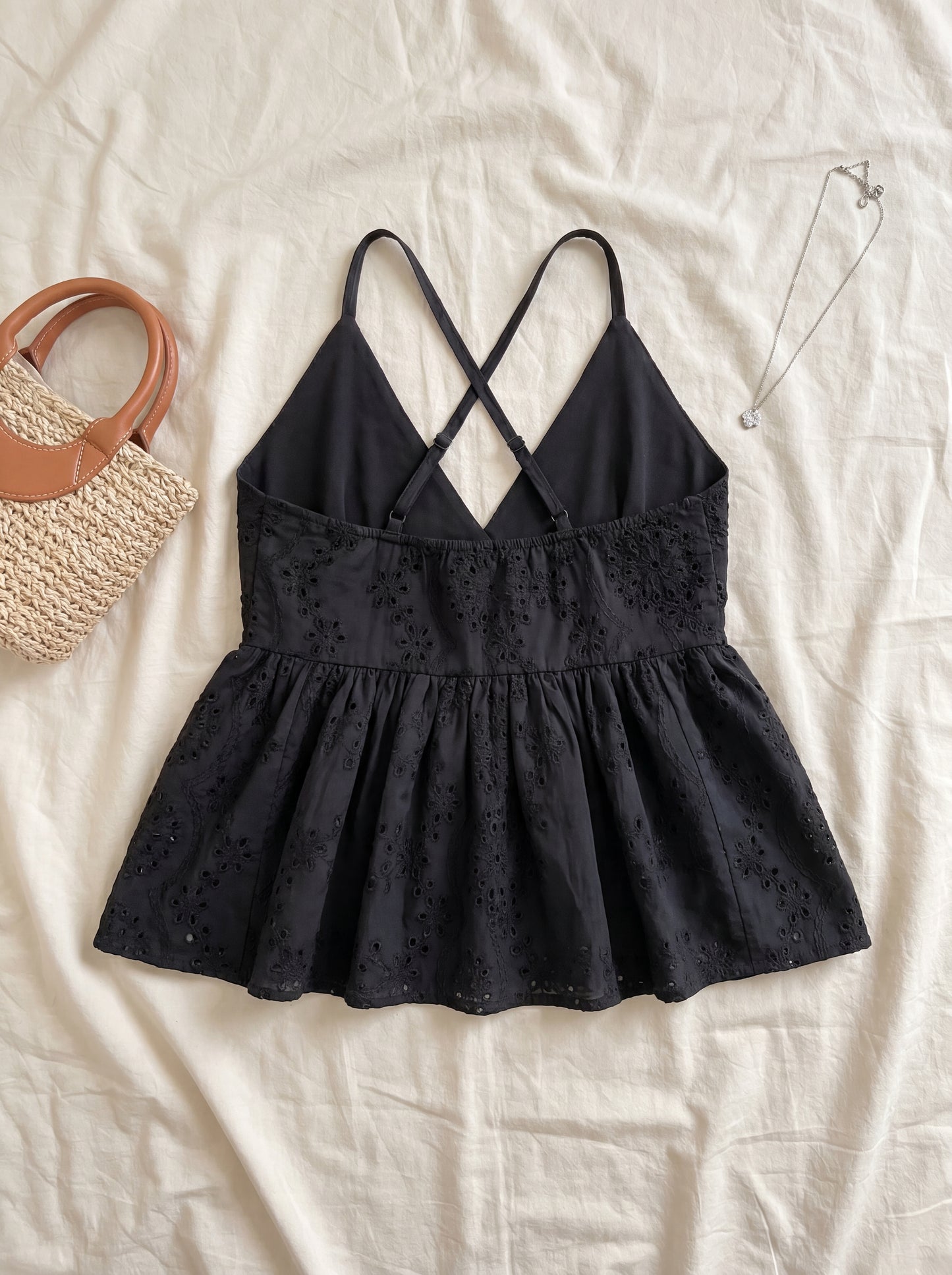 Not-so-Basic Black Top flatlay back crossover straps