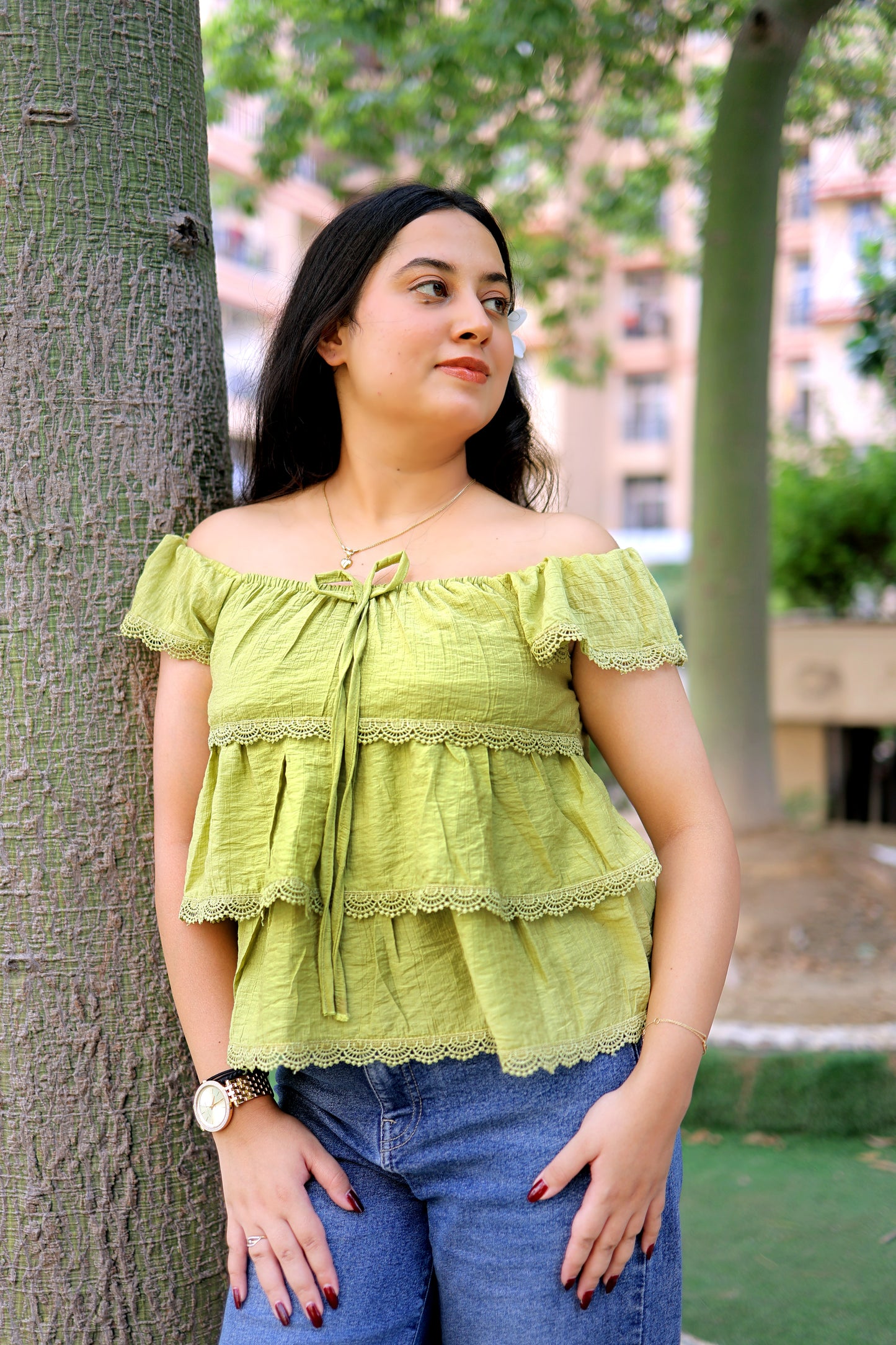 Lace Trim Ruffle Top