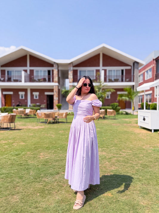 Lilac Whisper Off-Shoulder Maxi Dress