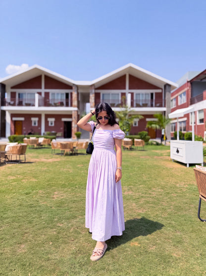 Lilac Whisper Off-Shoulder Maxi Dress