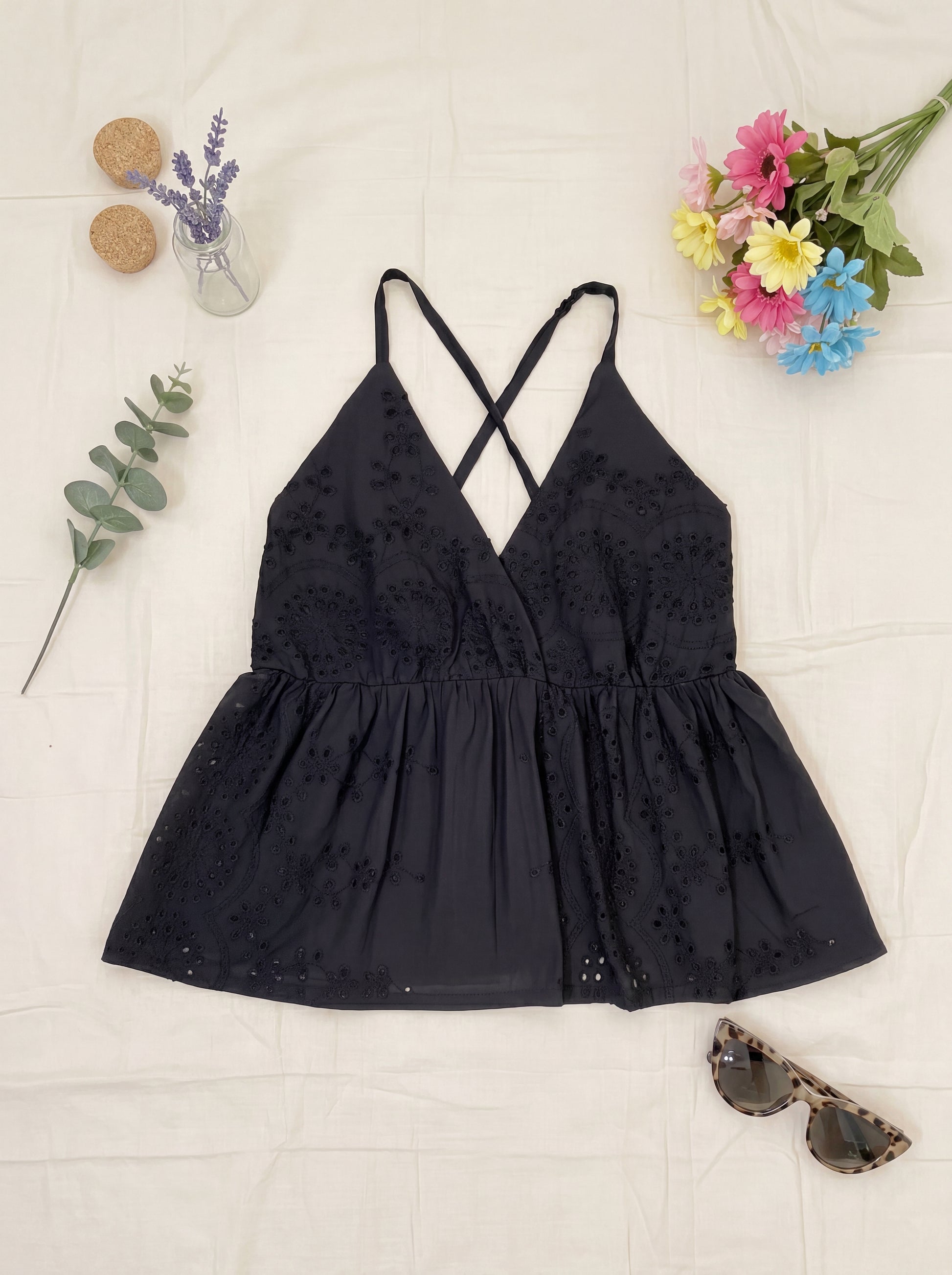 Not-so-Basic Black Top flatlay front crossover straps