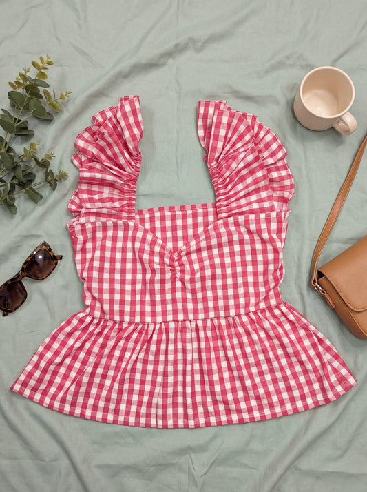 Gingham Ruffle Top flatlay front