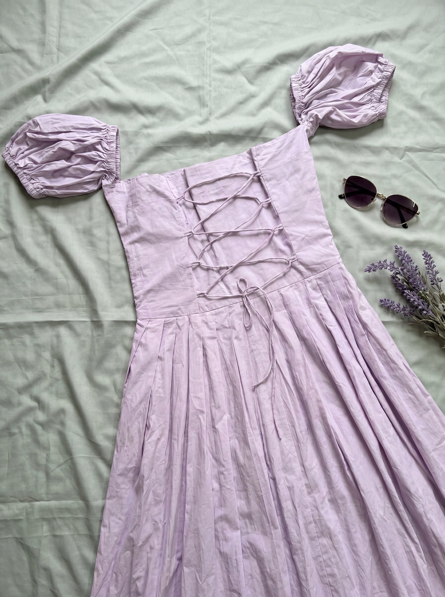 Lilac Whisper Maxi Dress lace-up back flatlay