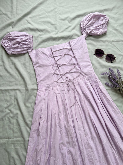 Lilac Whisper Maxi Dress lace-up back flatlay