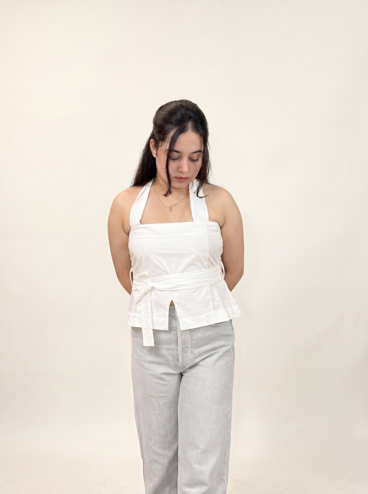 White Tie-Up Top on model front