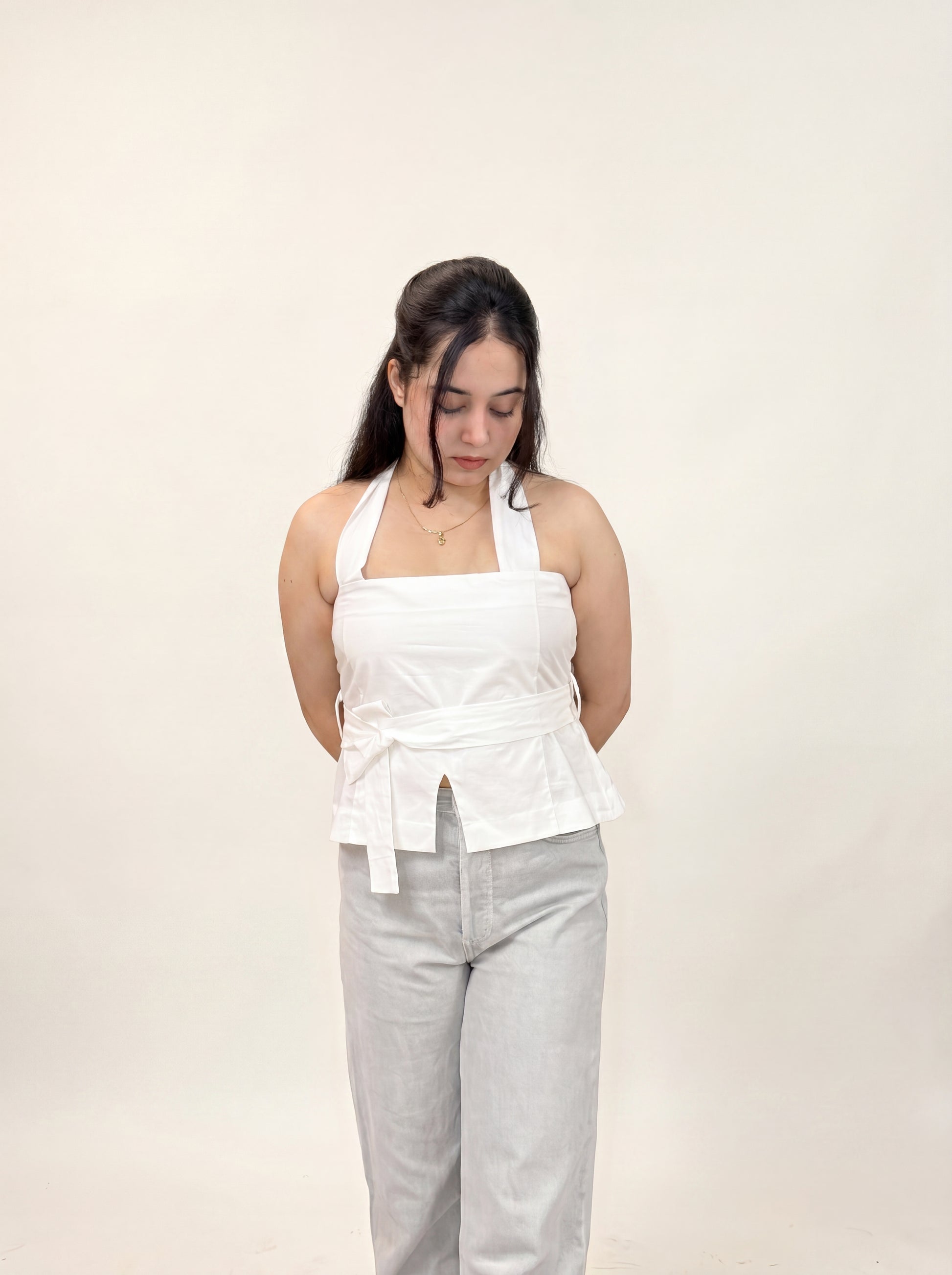 White Tie-Up Top on model front
